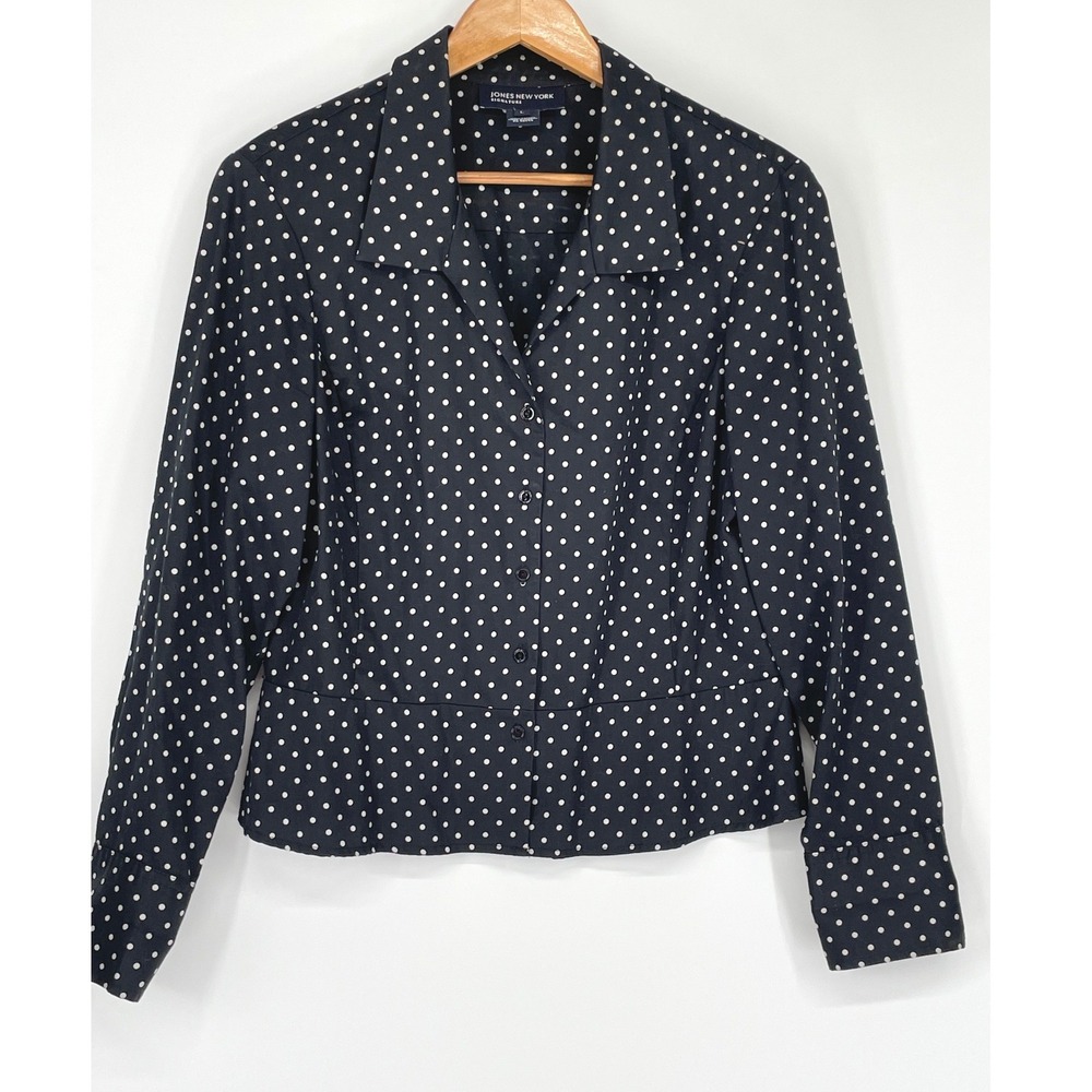 Jones New York Womens Shirt L Blouse Navy Polka Dot Cotton Peplum Hem